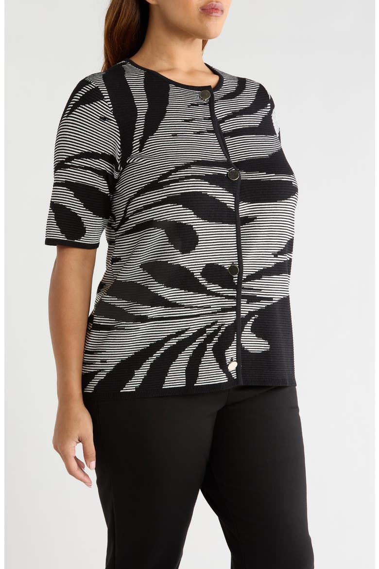 Short Sleeve Button Front Cardigan, Alternate, color, ANNE BLACK/ WHITE DOVE