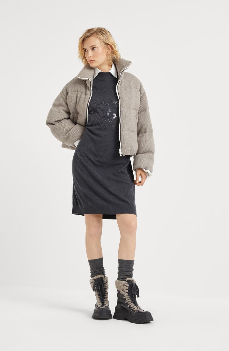 Brunello Cucinelli Virgin wool, cashmere and silk knit dress with dazzling mosaic embroidery, Alternate, color, 