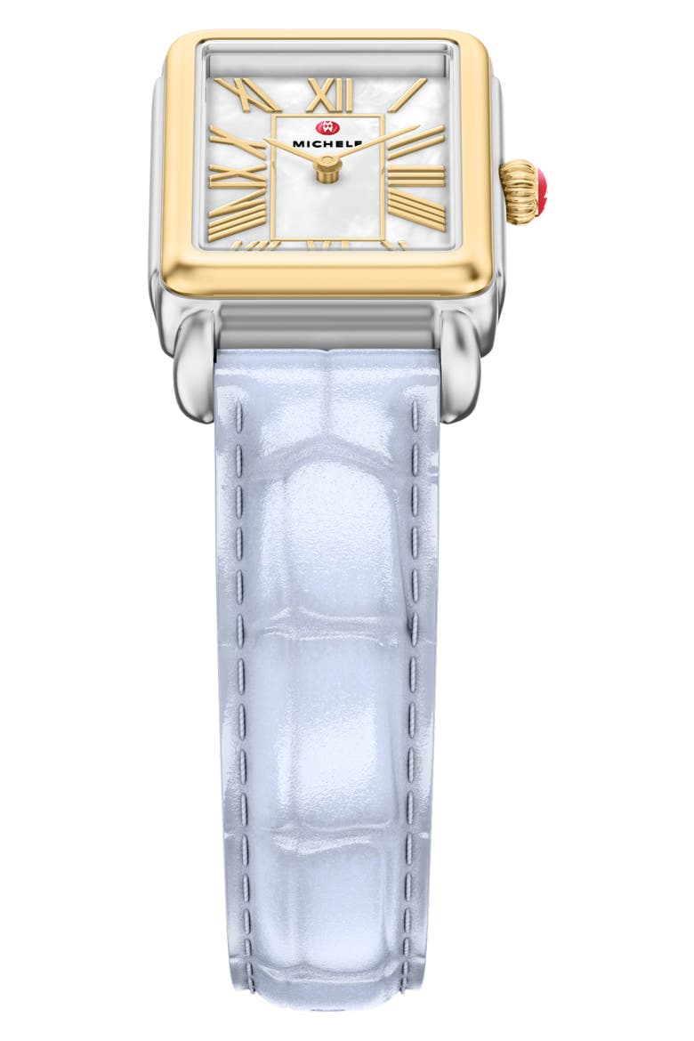 Deco Park Two-Tone Mother-of-Pearl Tank Leather Strap Watch, 23mm x 29mm, Alternate, color, BLUE