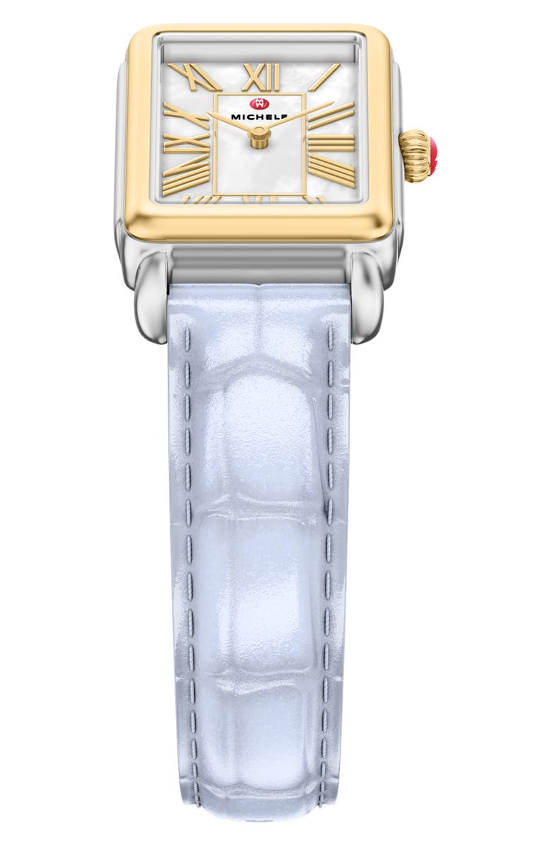 MICHELE Deco Park Two-Tone Mother-of-Pearl Tank Leather Strap Watch, 23mm x 29mm, Alternate, color, Blue