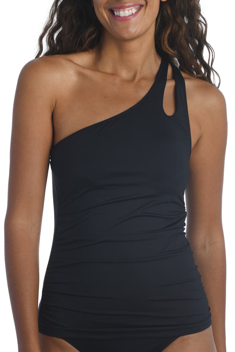 Island Goddess Ruched One-Shoulder Tankini Top, Main, color, BLACK