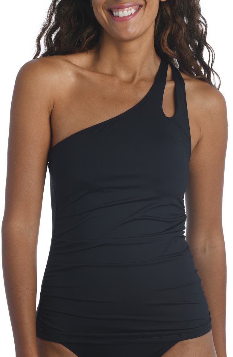 La Blanca Island Goddess Ruched One-Shoulder Tankini Top, Main, color, Black