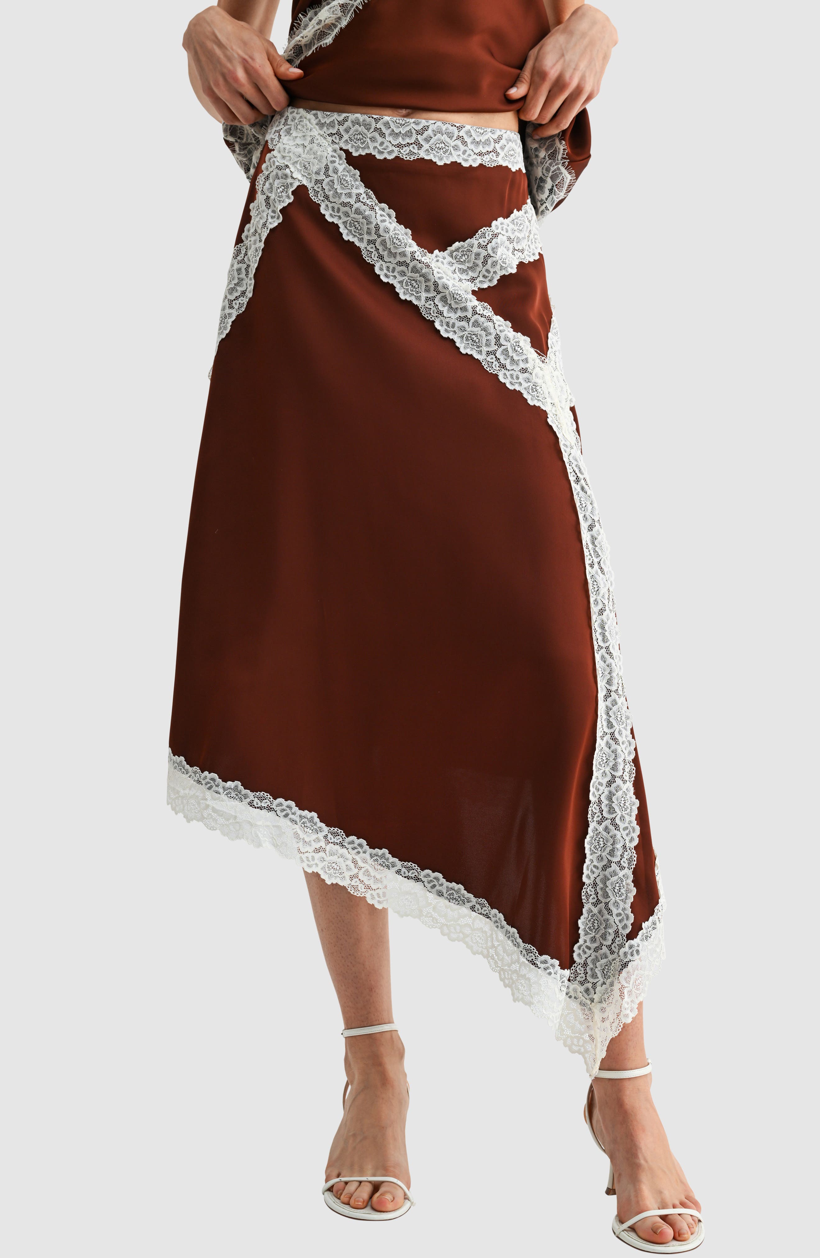 Lush Lace Trim Asymmetric Satin Midi Skirt