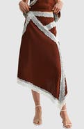 Lush Lace Trim Asymmetric Satin Midi Skirt