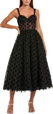 Mac Duggal Petite Polka Dot Net Bustier A-Line Midi Dress