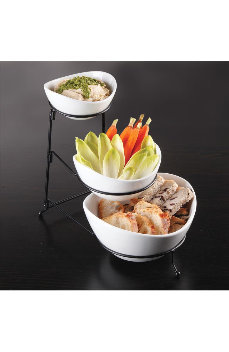 Gibson Gracious Dining 3 Tier Bowl Server Set with Metal Stand, Alternate, color, White