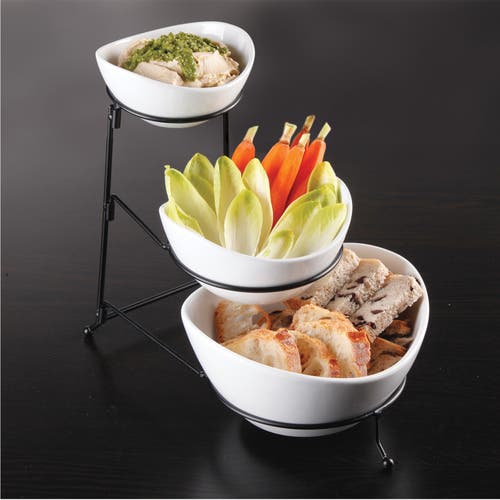 Gibson Elite Gracious Dining 3 Tier Bowl Server Set With Metal Stand In White
