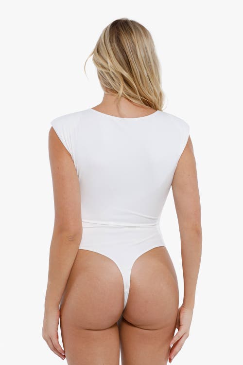 Popilush Shapewear Square Neck Padded Shoulder Slimming Bodysuit In Pearl White