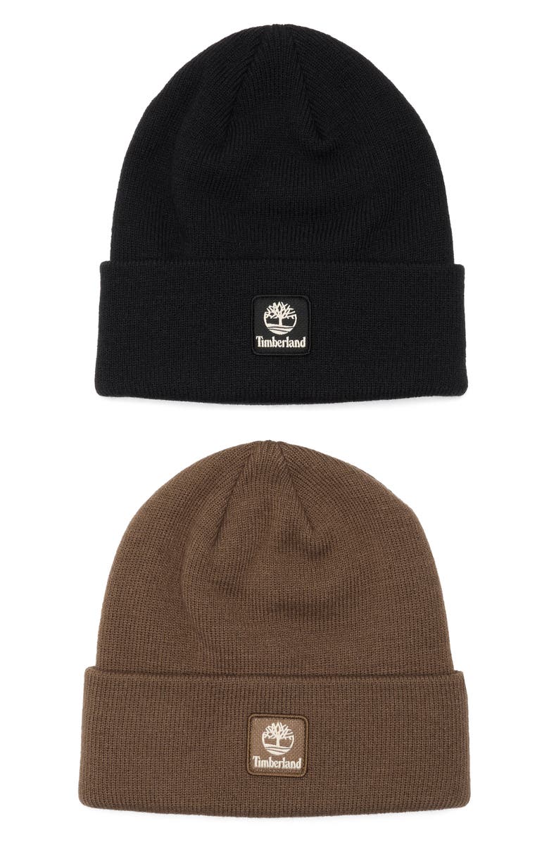Timberland 2-Pack Logo Patch Ribbed Beanies, Main, color, Black