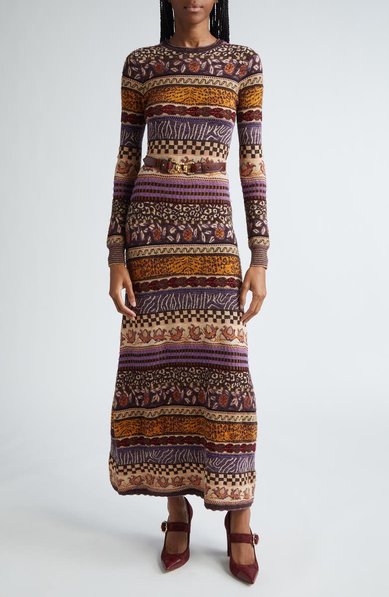 Ulla Johnson Paloma Metallic Mixed Jacquard Long Sleeve Sweater Dress, Main, color, 