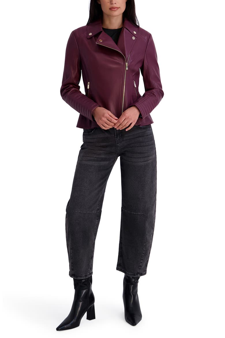 Peplum Back Faux Lether Moto Jacket, Alternate, color, WINE