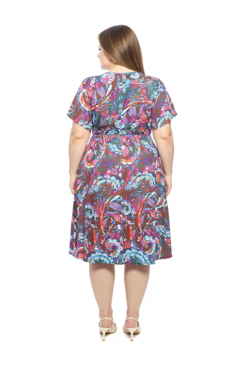 Plus Size Abstract V-Neck Dolman Sleeve Twist Front A-Line Midi Dress, Alternate, color, Brown Multi