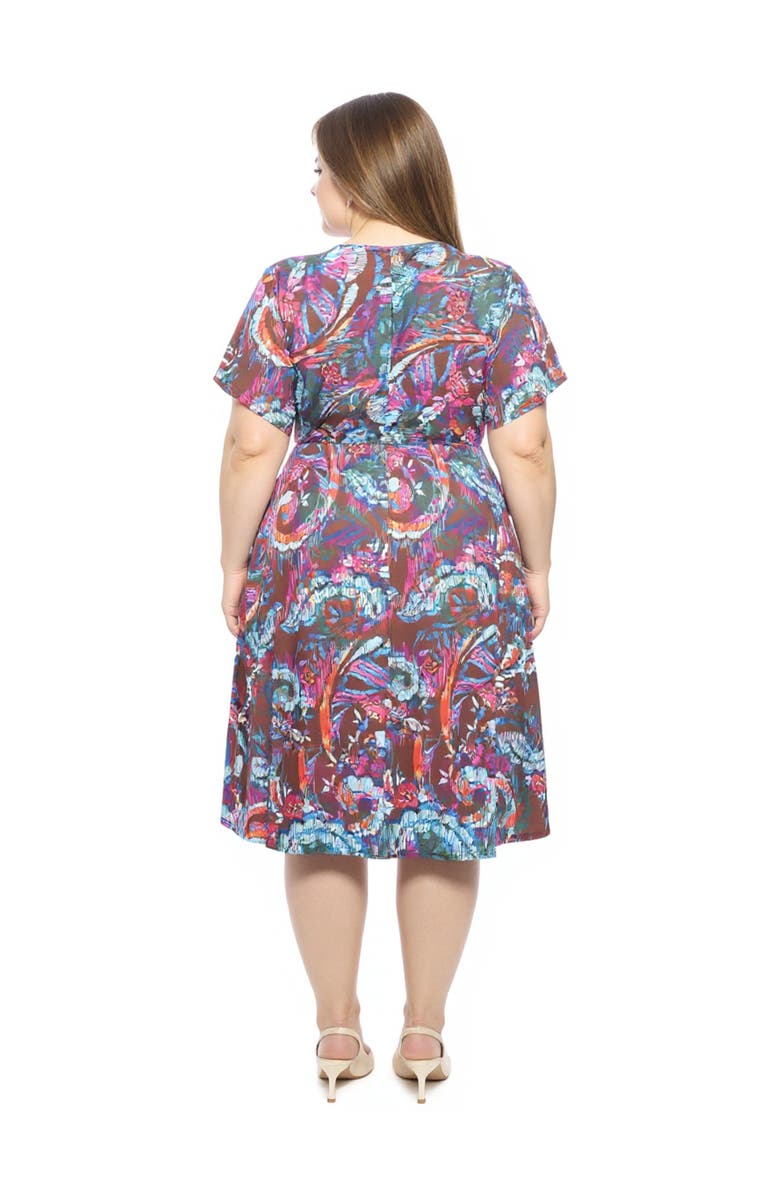 24seven Comfort Apparel Plus Size Abstract V-Neck Dolman Sleeve Twist Front A-Line Midi Dress, Alternate, color, Brown Multi