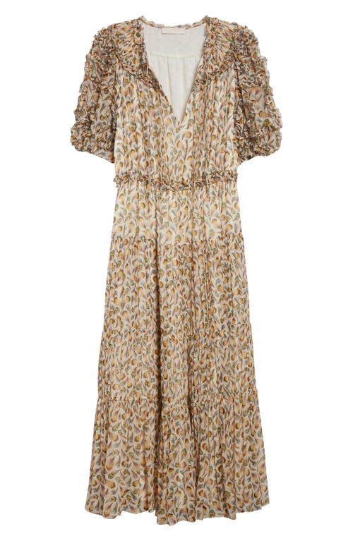 Ulla Johnson Nan Ruffle Puff Sleeve Silk Midi Dress In Brown