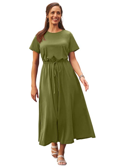 Stretch Cotton Drawstring Maxi Dress