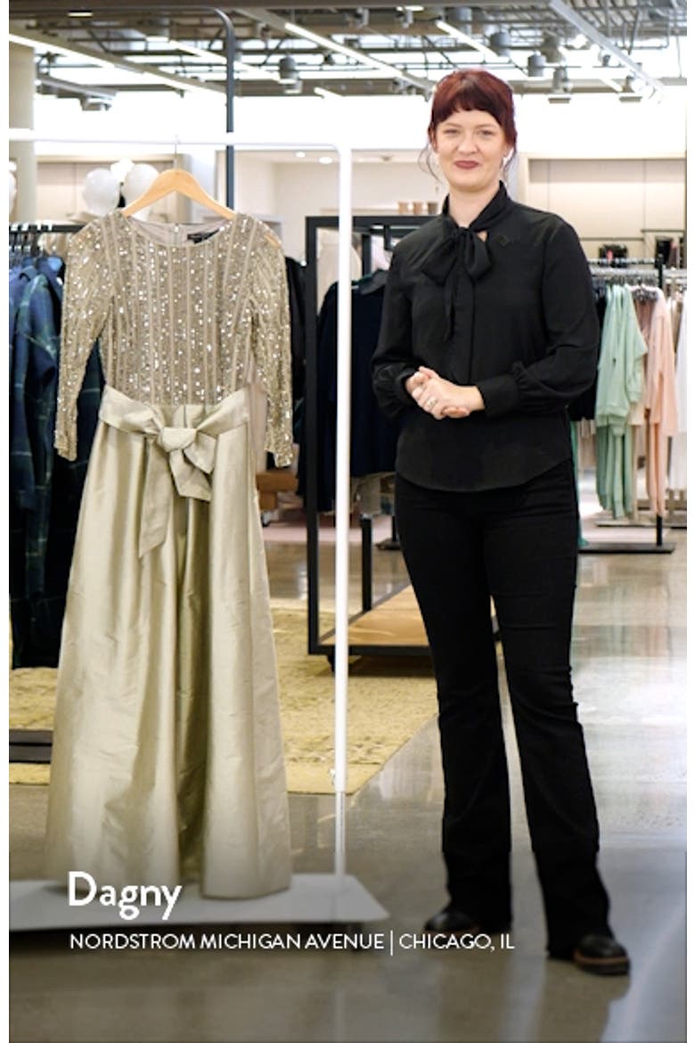 Bow Long Sleeve Sequin & Taffeta Gown video