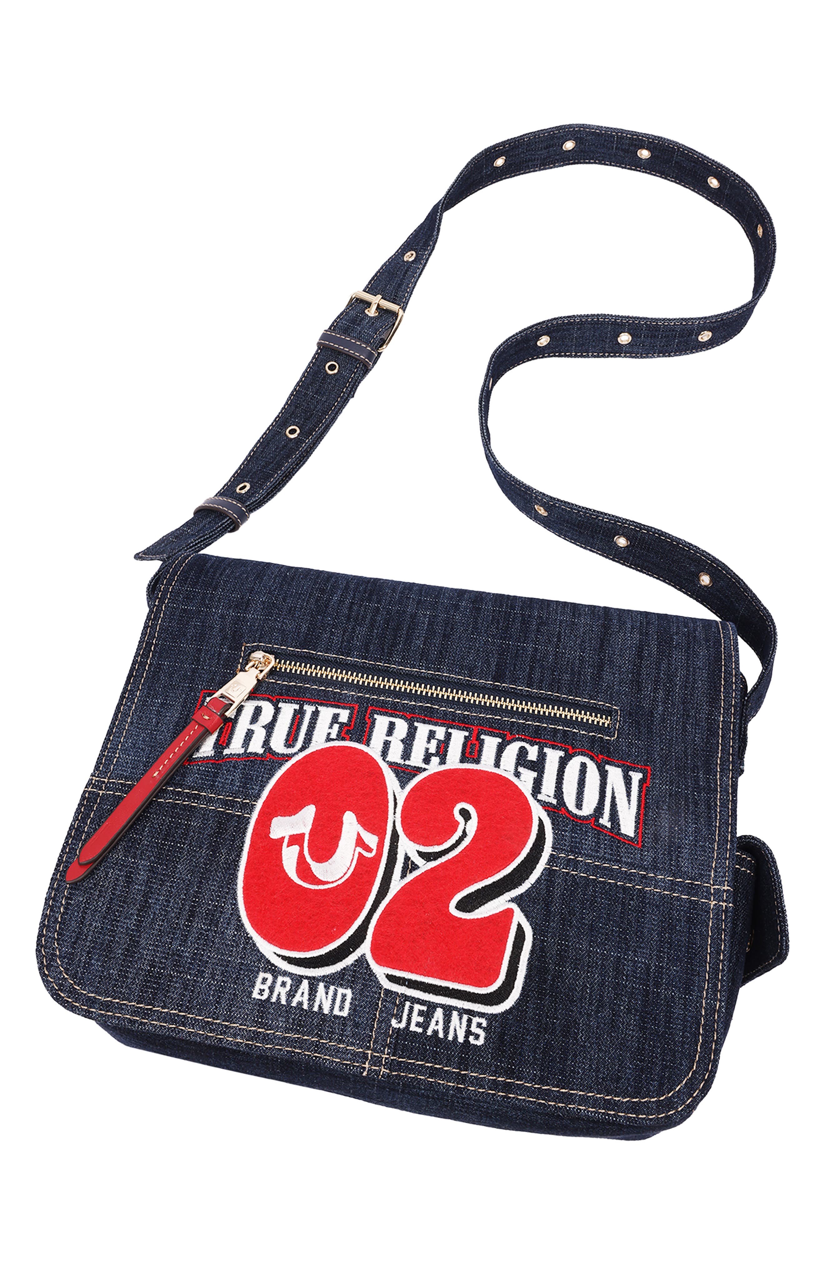 Varsity Logo Denim Messenger Bag, Alternate, color, DARK DENIM