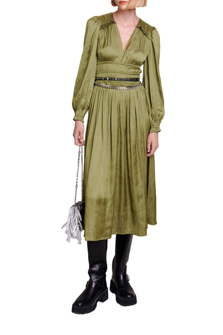 Long Sleeve Ruffle Satin Midi Dress, Alternate, color, KHAKI