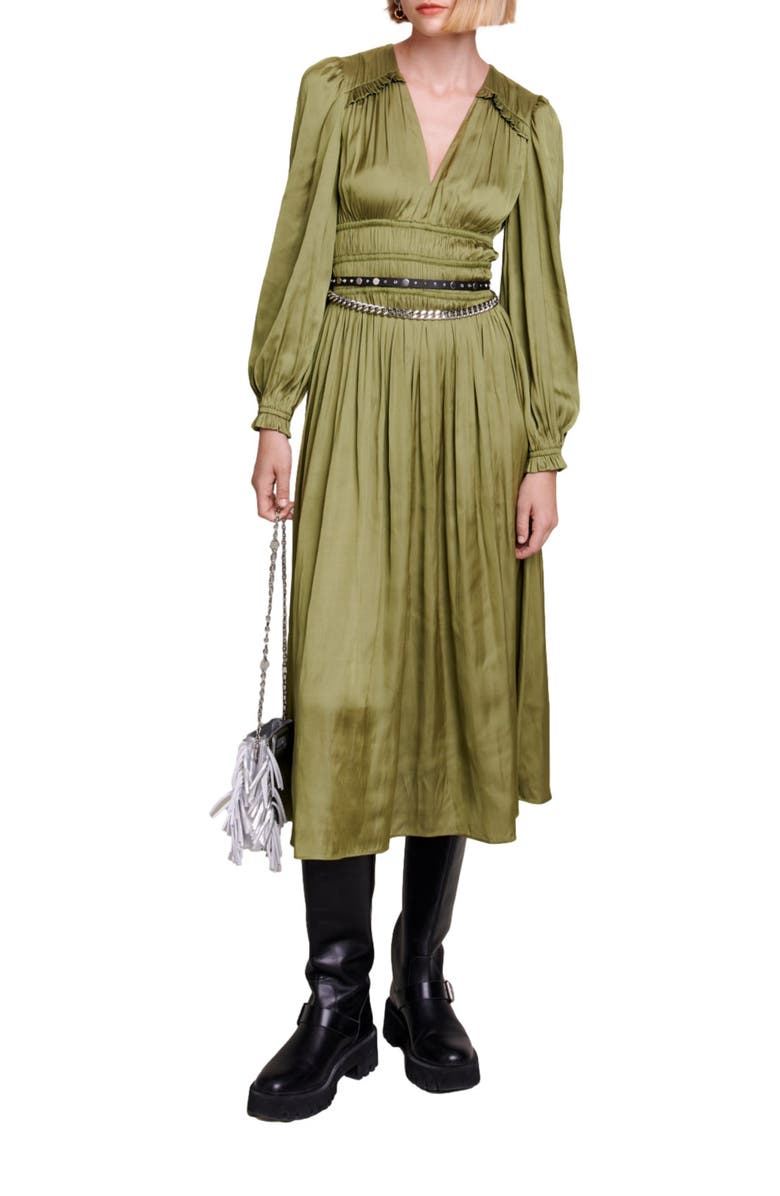 maje Long Sleeve Ruffle Satin Midi Dress, Alternate, color, 
