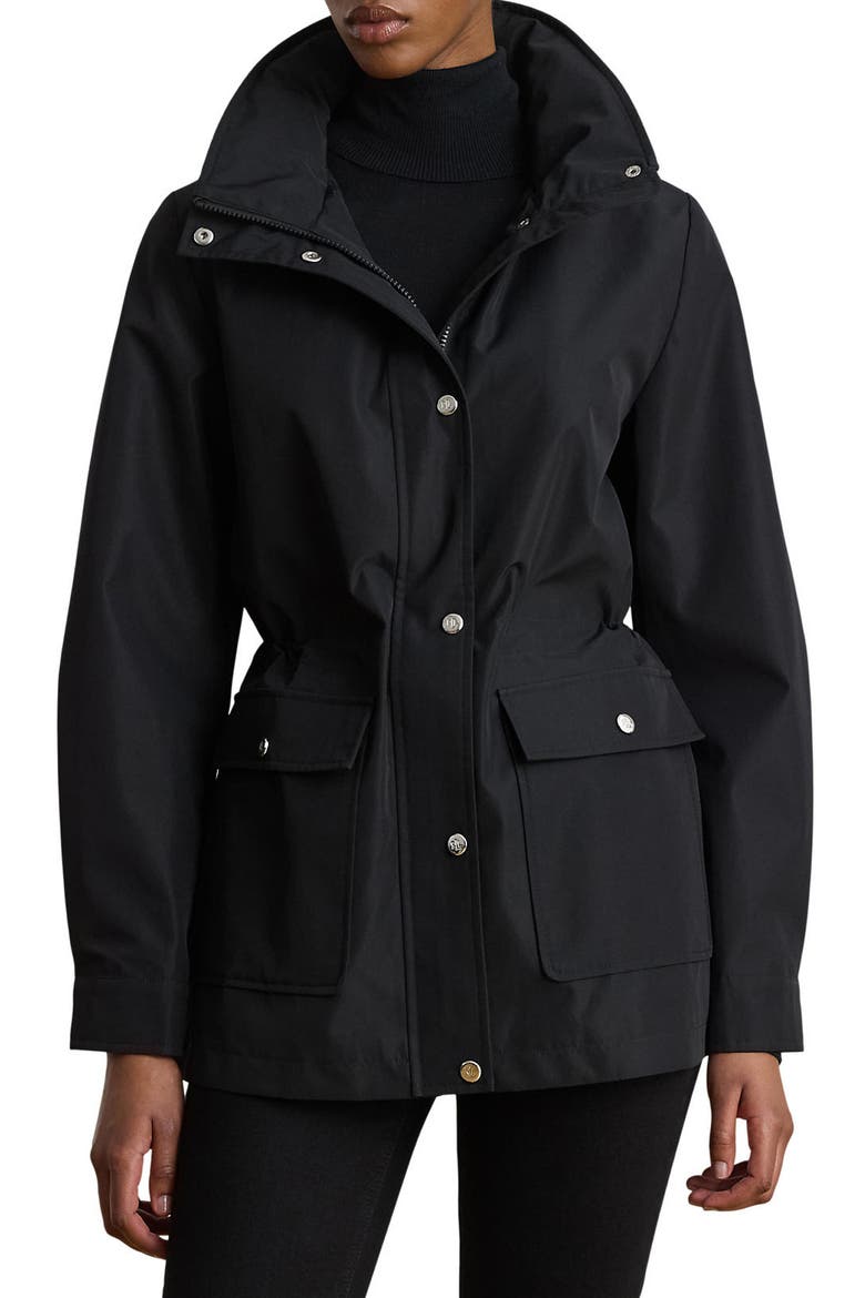 Hooded Contrast Trim Windbreaker Jacket, Main, color, BLACK