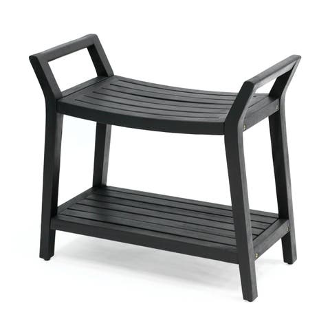 Orla 25.6" Modern Classic Slatted Solid Acacia Wood Indoor/Outdoor Shower Bench with Shelf and Handle