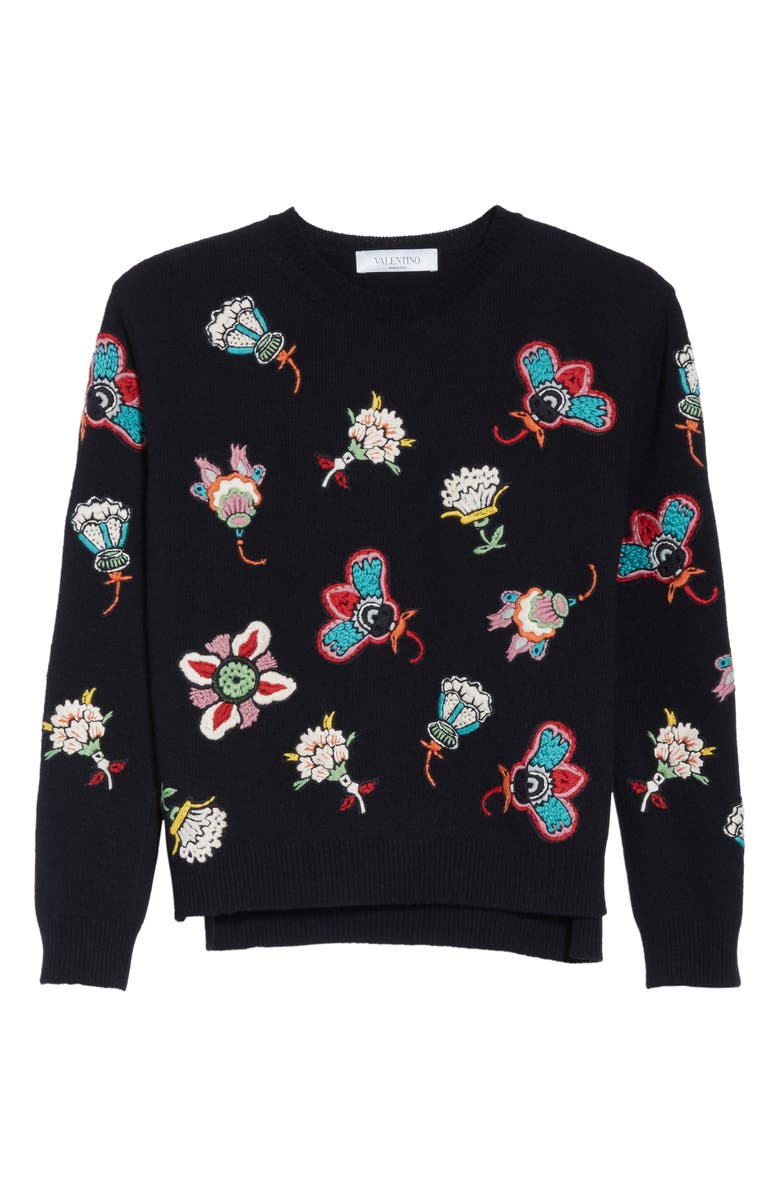Valentino Floral Embroidered Wool Sweater, Alternate, color, 
