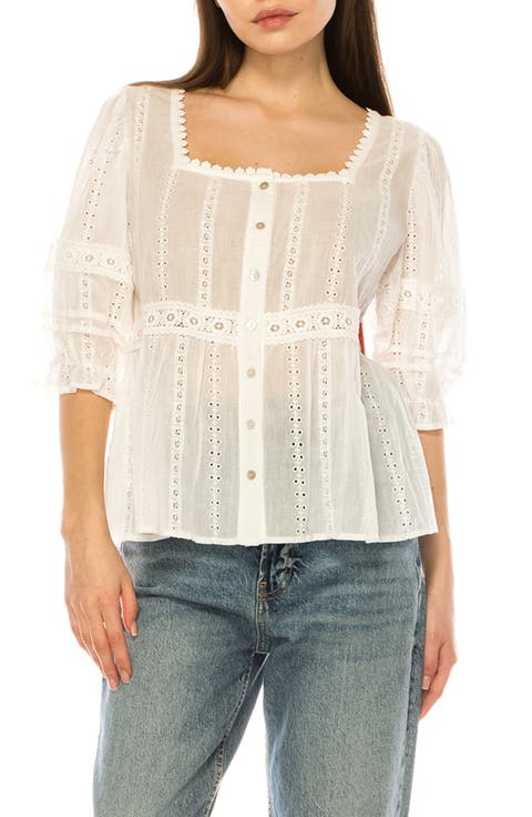 Eyelet Short Sleeve Babydoll Top