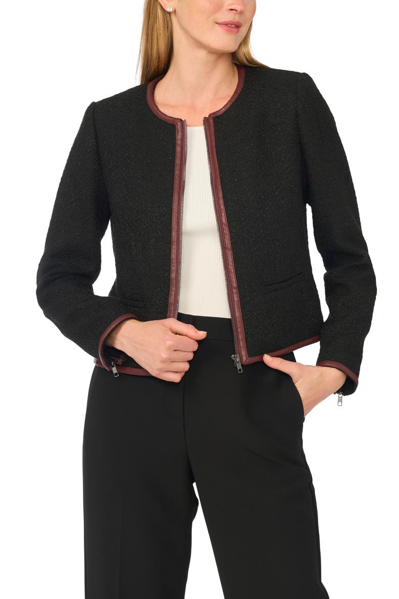 Faux Leather Trim Blazer, Alternate, color, RICH BLACK