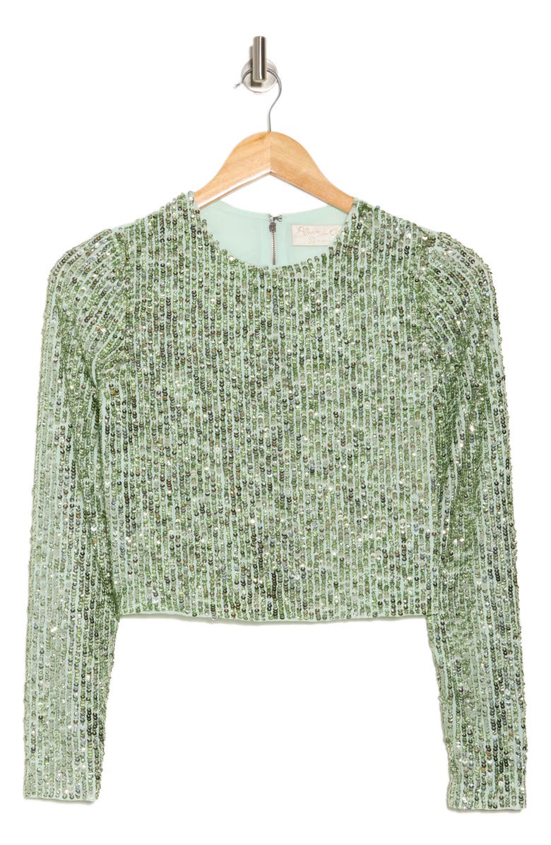 Alice + Olivia Delaina Long Sleeve Sequin Crop Top, Alternate, color, Sea Spray