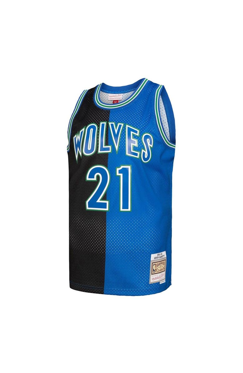 Mitchell & Ness Men's Mitchell & Ness Kevin Garnett Black/Blue Minnesota Timberwolves Hardwood Classics 1995/96 Split Swingman Jersey, Alternate, color, 