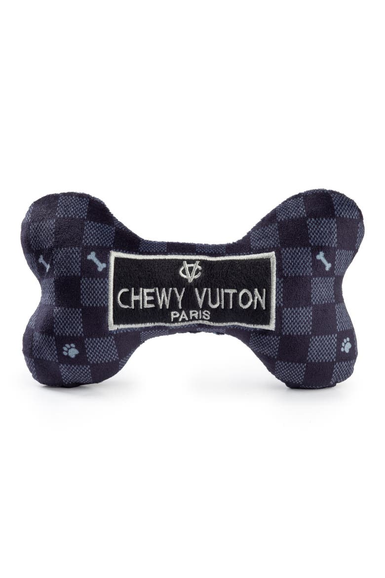 Chewy Vuiton Checker Bone Plush Dog Squeaker Toy, Main, color, BLACK