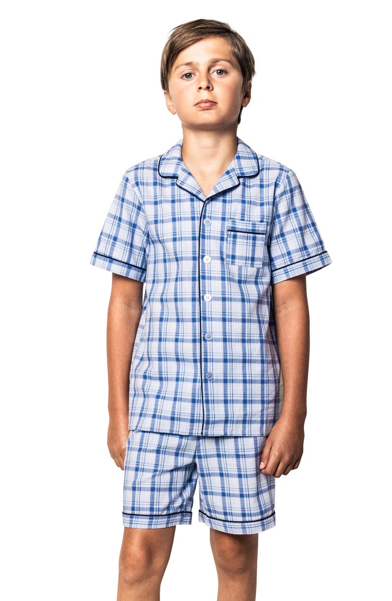 Petite Plume Kids' Seafarer Tartan Plaid Two-Piece Short Pajamas, Alternate, color, Blue