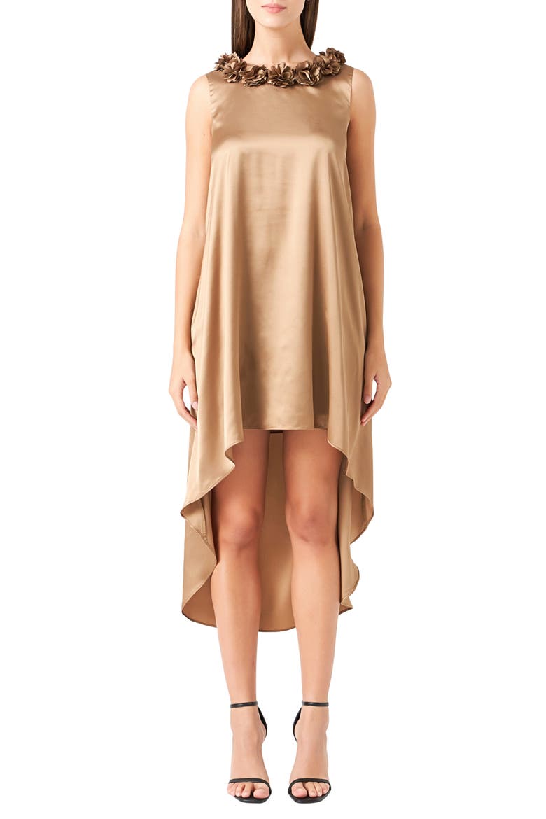 Rosette Collar Satin High-Low Dress, Main, color, BRONZE GOLD