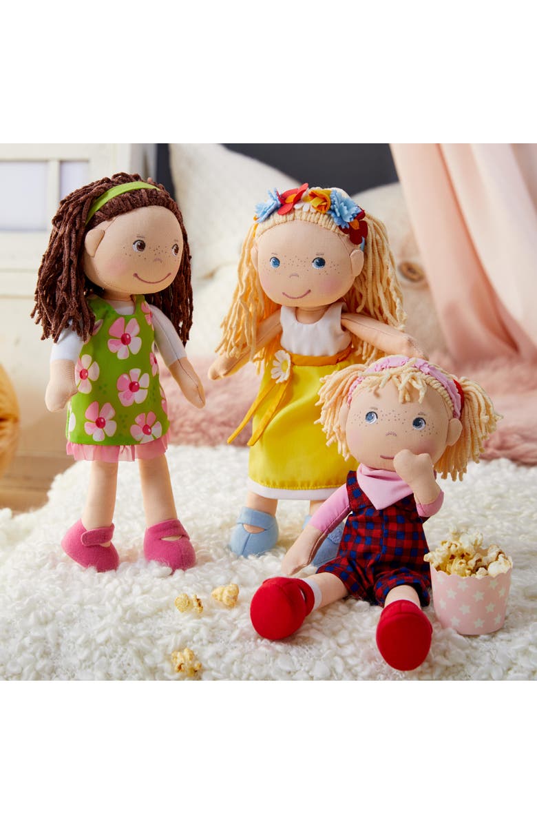 HABA Coco 12" Soft Baby Doll with Brown Hair, Embroidered Face, Removable Green Dress, Matching Headband - Machine Washable Toddler Doll - 18 Months+, Alternate, color, Green Multi