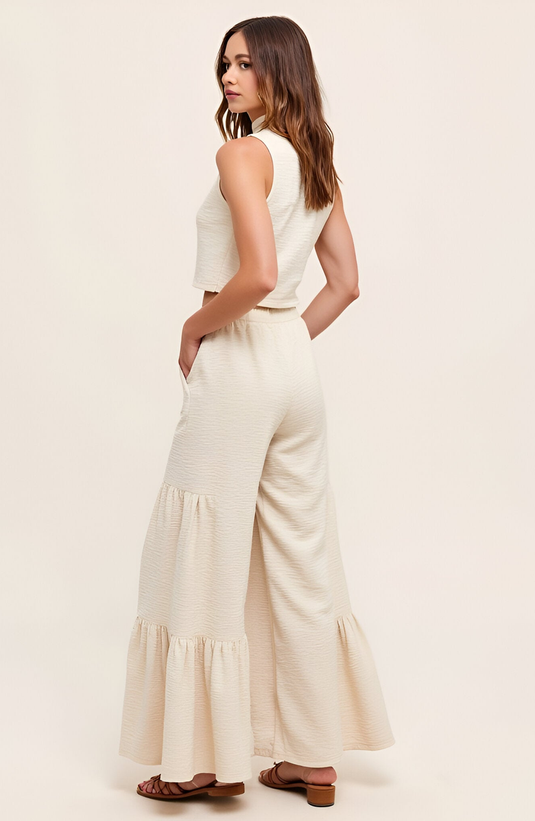 Modenaire Sleeveless Mock Neck Crop Top and Tiered Wide-Leg Pants Set, Alternate, color, Ivory