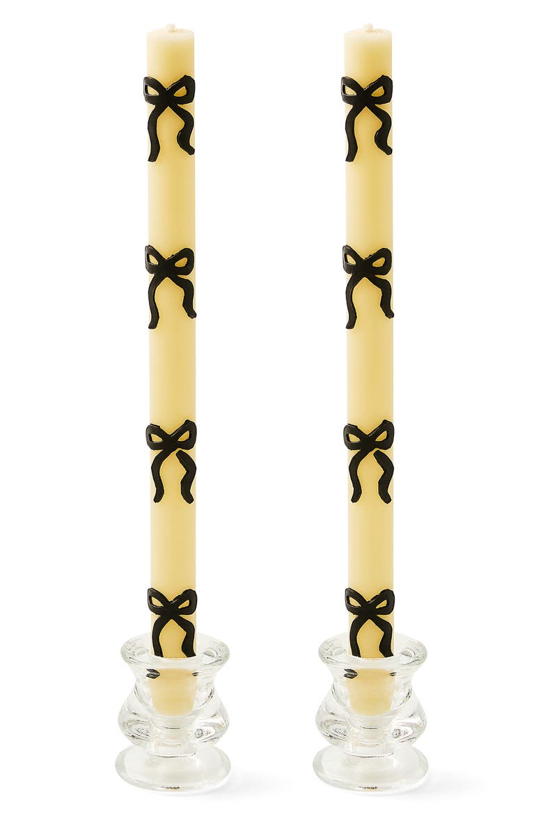 Set of 2 Black Bow Taper Dinner Candles, Main, color, BLACK