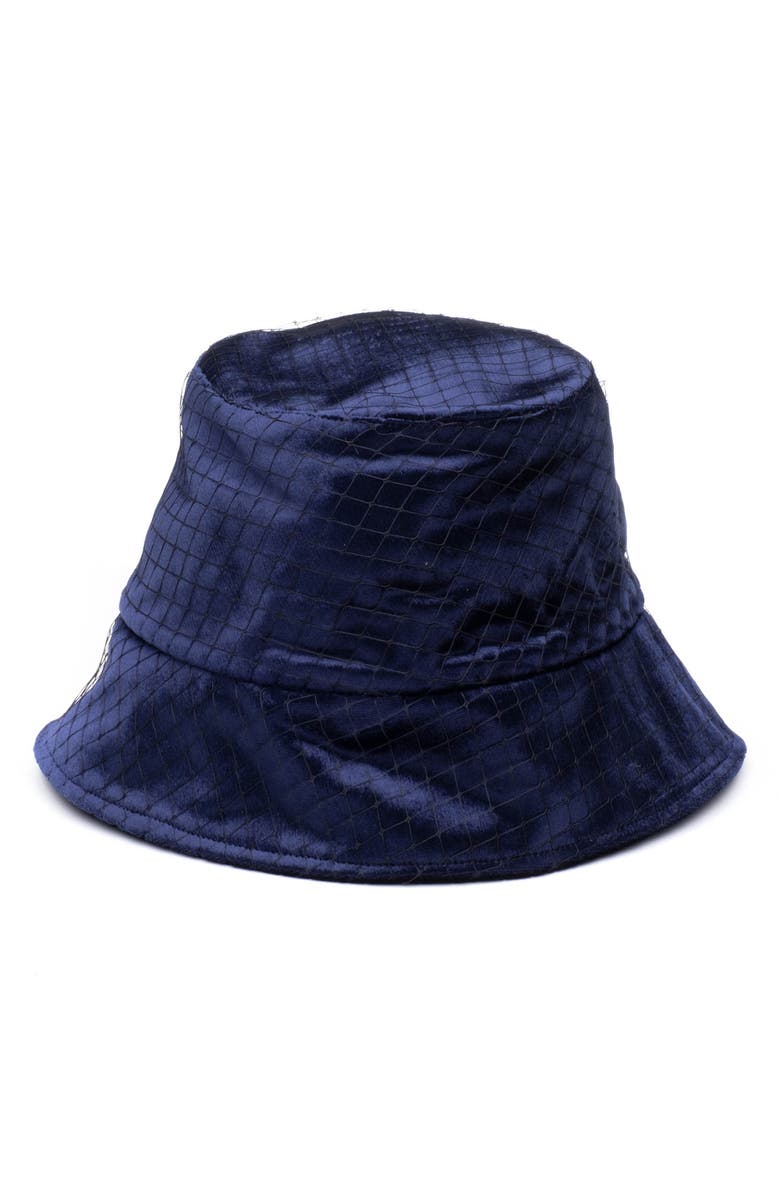 Eugenia Kim Navy Pann Velvet Birdcage Veil Bucket Hat, Main, color, Navy/ Black