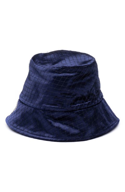 Navy Pann Velvet Birdcage Veil Bucket Hat