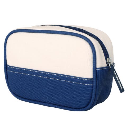 Medium Rectangular Dopp Kit for Travel, Striped Canvas Toiletry Bag with Top Zip (Navy)