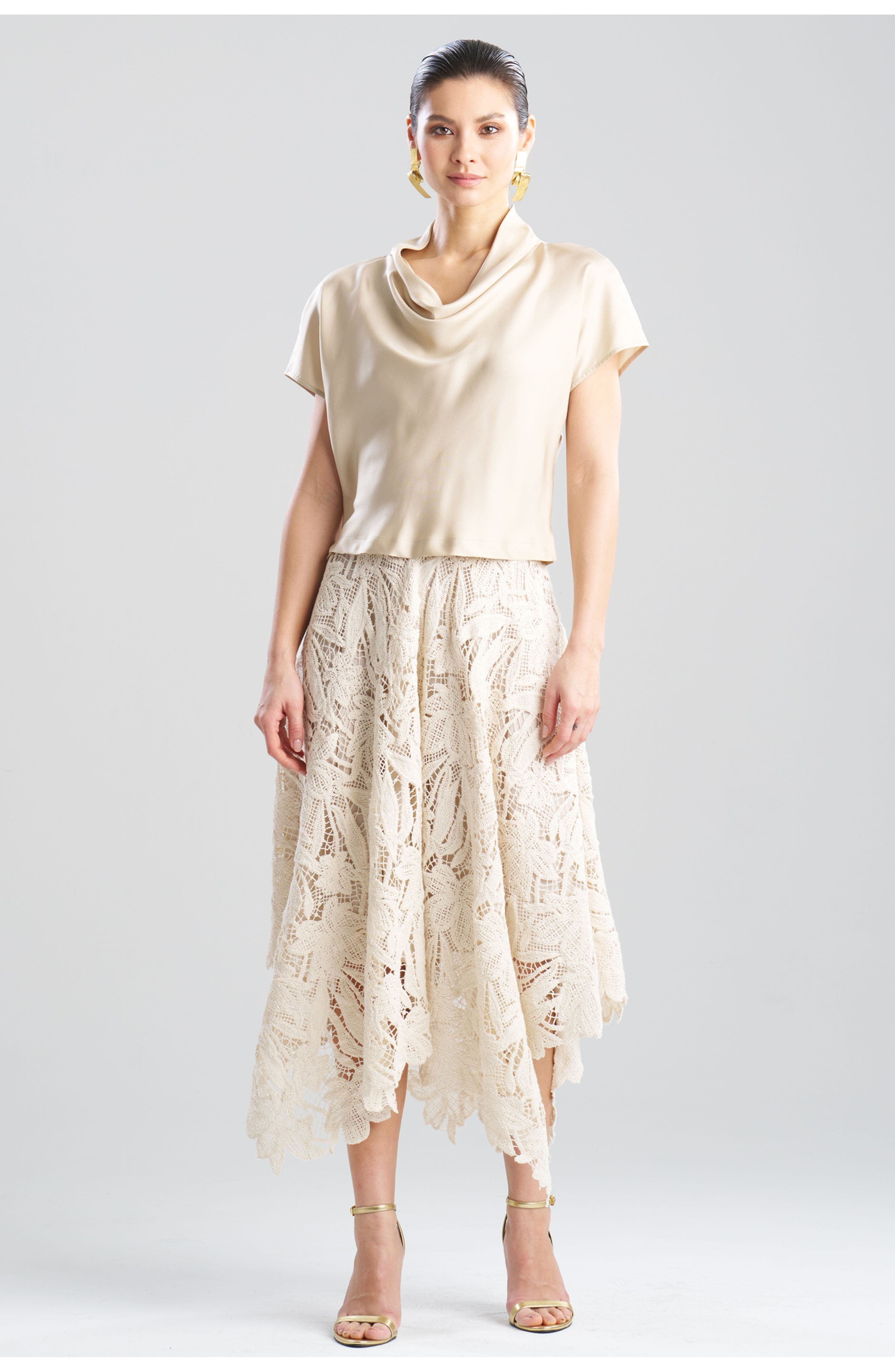 Solid Silk Twill Cap Sleeve Cowl Neck Top