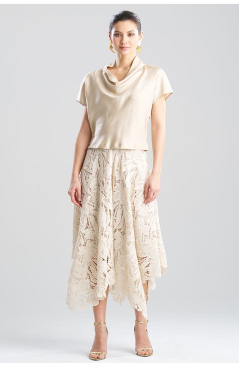 Solid Silk Twill Cap Sleeve Cowl Neck Top