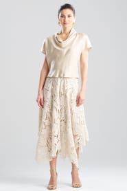 Natori Solid Silk Twill Cap Sleeve Cowl Neck Top
