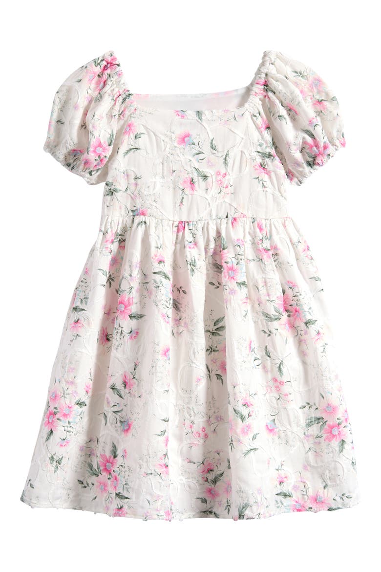 Kids' Embroidered Puff Sleeve Babydoll Party Dress, Main, color, IVORY PINK FLOWER