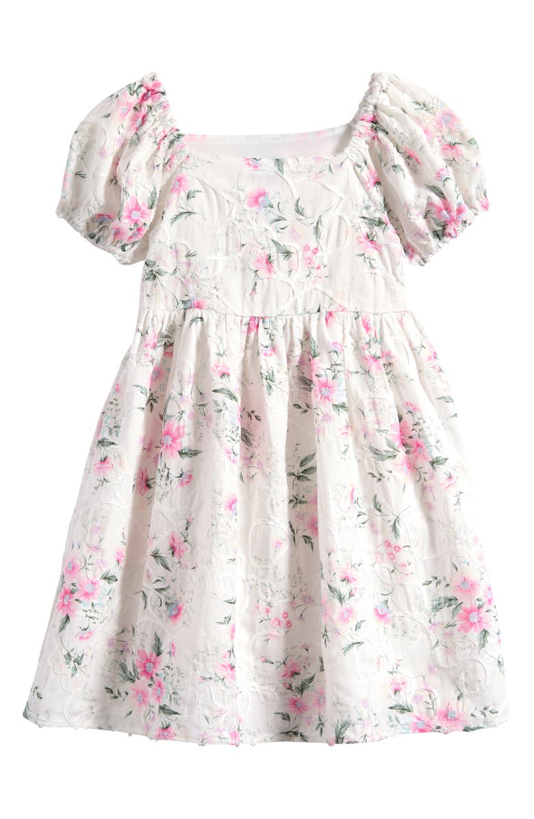 Bonnie Jean Kids' Embroidered Puff Sleeve Babydoll Party Dress, Main, color, Ivory Pink Flower