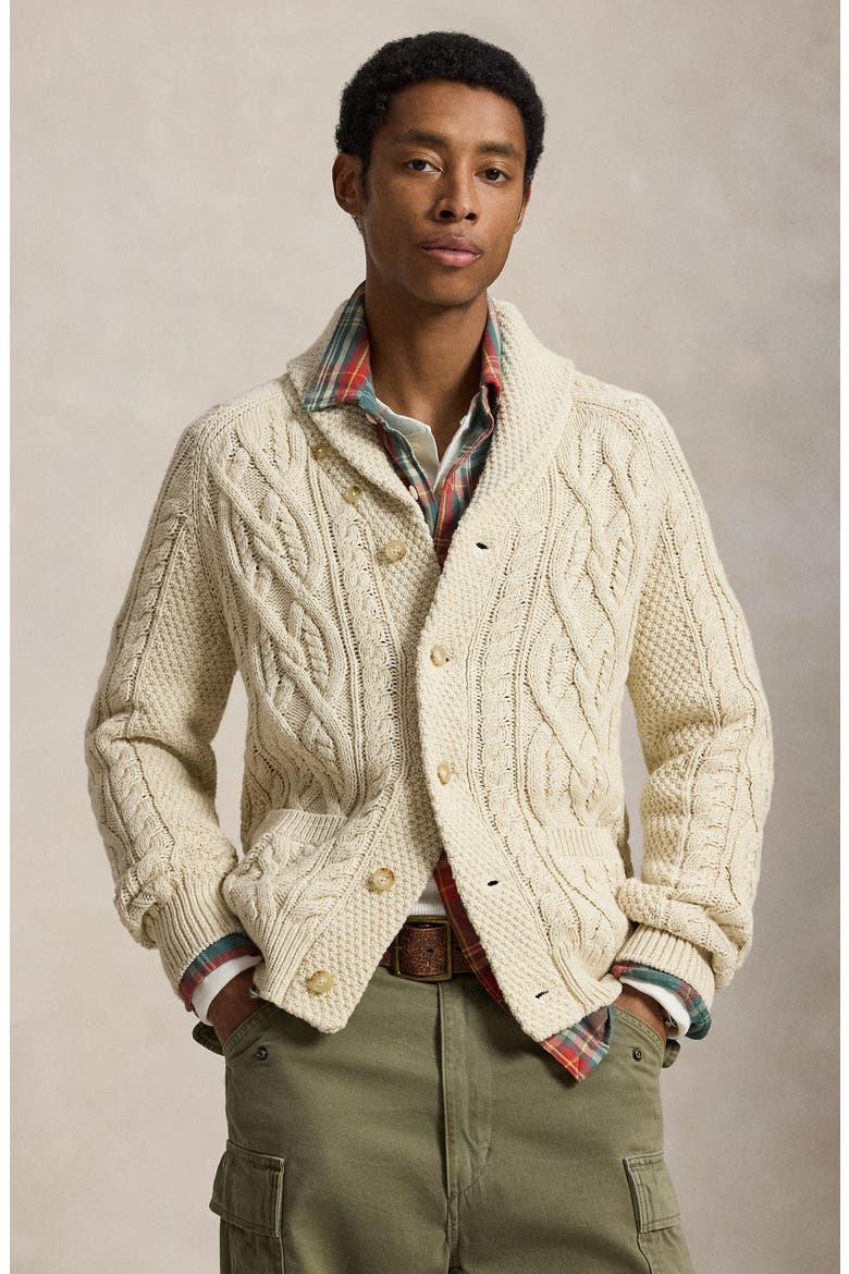 Shawl Collar Cable Knit Cardigan, Alternate, color, CREAM MULT
