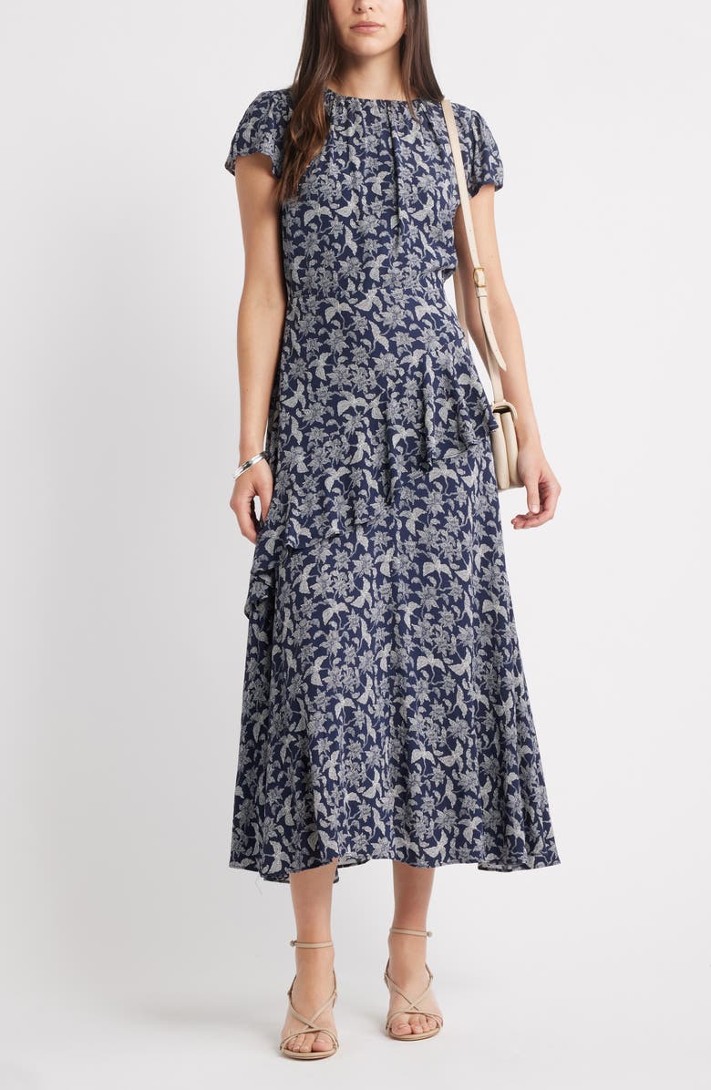 Caslon<sup>®</sup> Cap Sleeve Ruffle Dress, Alternate, color, Navy- Ivory Audrey Floral