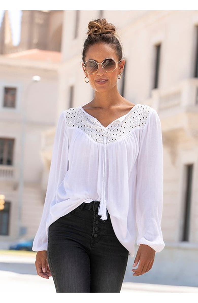 LASCANA Women's Boho Eyelet Blouse, Alternate, color, White