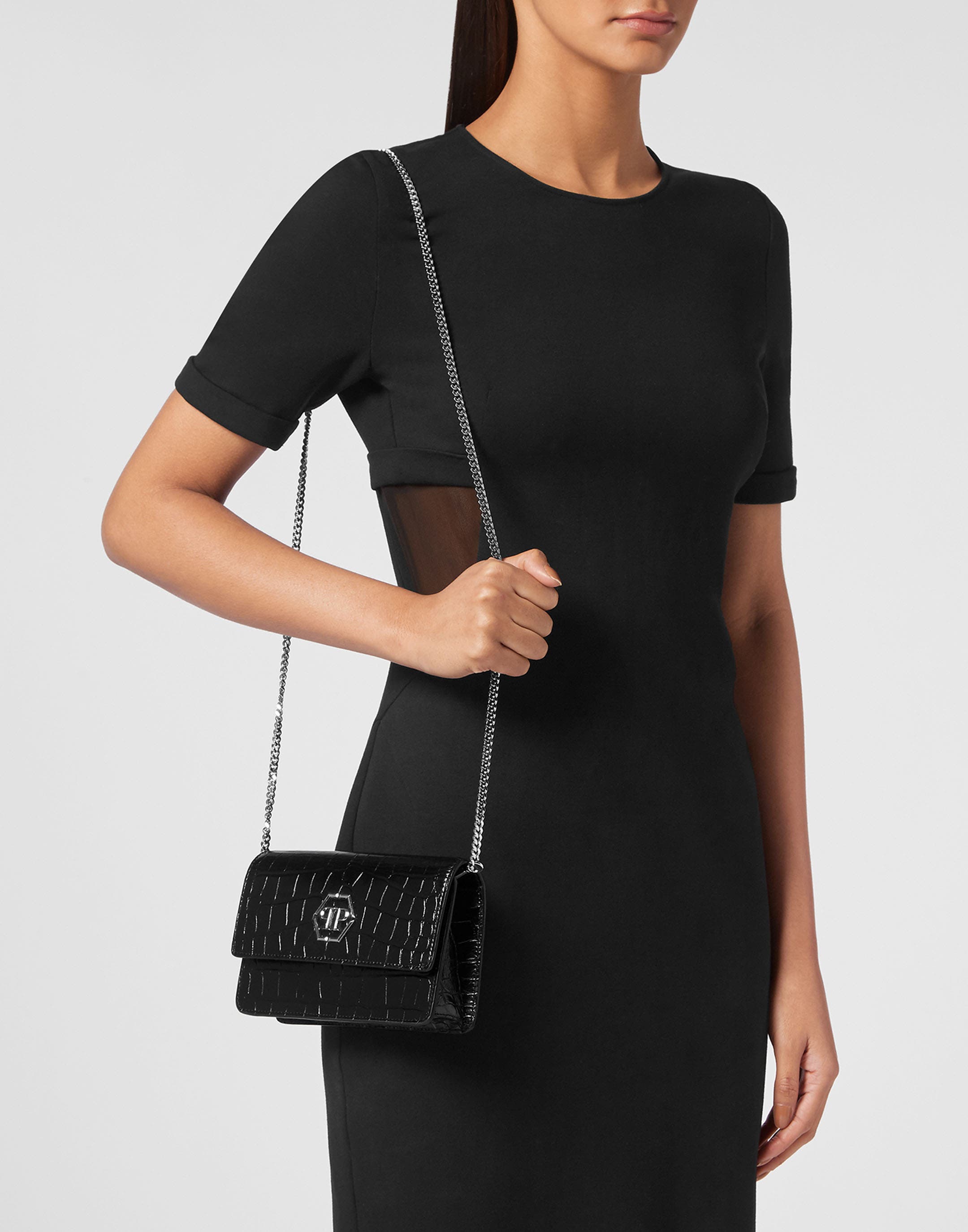 Clutch Croco Print Hexagon Women, Main, color, black