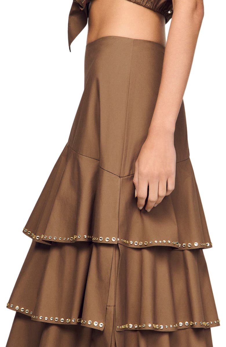 SANDRO Long ruffled rhinestone skirt, Alternate, color, Brown