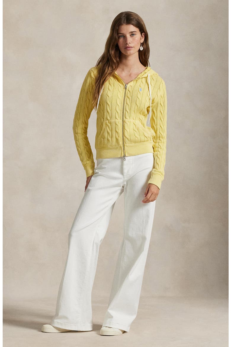 Cable Knit Cotton Full Zip Hoodie, Alternate, color, FALL YELLOW